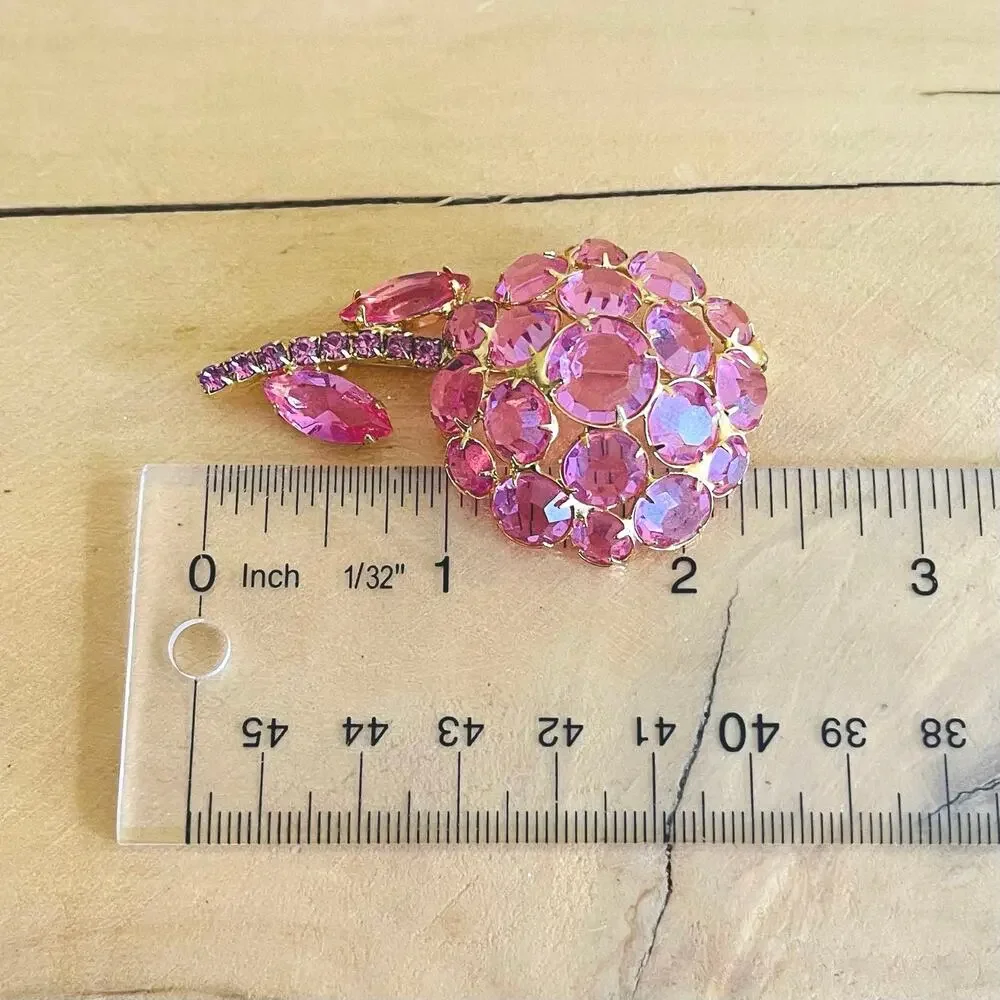 Vtg 60s Juliana DeLizza Elster Pink Rhinestone Flower Brooch Pin Original Box